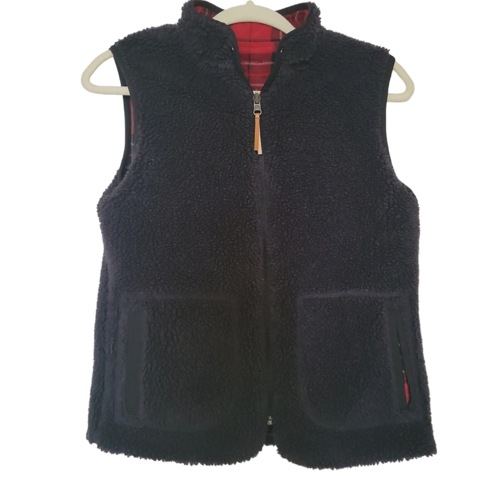 Eddie Bauer Shearling Fleece Reversible Vest XS Red Plaid or Black